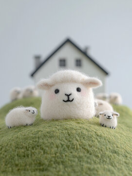 Adorable felted wool sheep on a green hill with a house in the background, creating a peaceful, miniature pastoral scene.