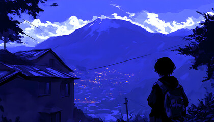 Serene twilight scene a lone figure gazes upon a distant village nestled in a valley, mountains rising majestically under a vibrant blue sky.