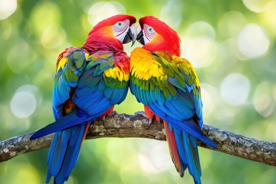 A couple of parrots kissing on a tree branch, symbolizing unity and friendship