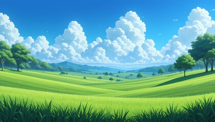 Obraz premium Idyllic Green Meadow Landscape, Stunning summer meadow, vibrant green grass, fluffy clouds, blue sky