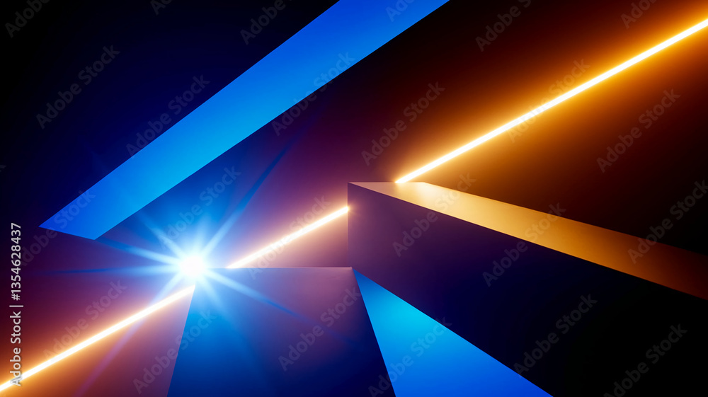 Poster abstract image of geometric shapes illuminated by blue and orange neon lights, creating a dynamic an