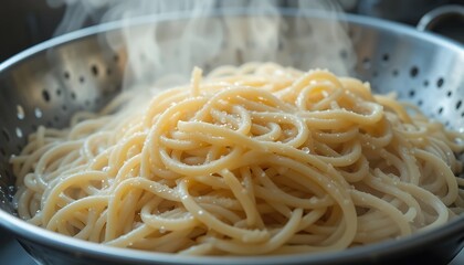 Freshly Cooked Spaghetti Draining in a Colander