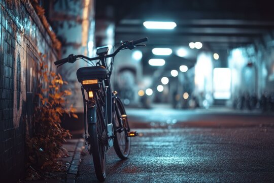 Bicycle leaning against brick wall on urban street at night with glowing lights, creating moody and mysterious atmosphere