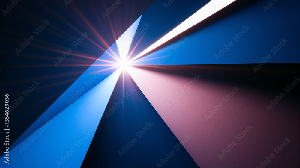 Poster abstract image of converging blue and purple planes with a central light source creating a radiant e