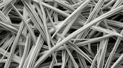 Microscopic view of interwoven fibers.  Detailed close-up of a network of long, thin, interwoven filaments.  High magnification reveals intricate structural patterns