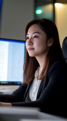 Woman working at a computer in a modern office setting