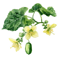 watercolor vector of Cucumber Blossom Branch, isolated on a white background.