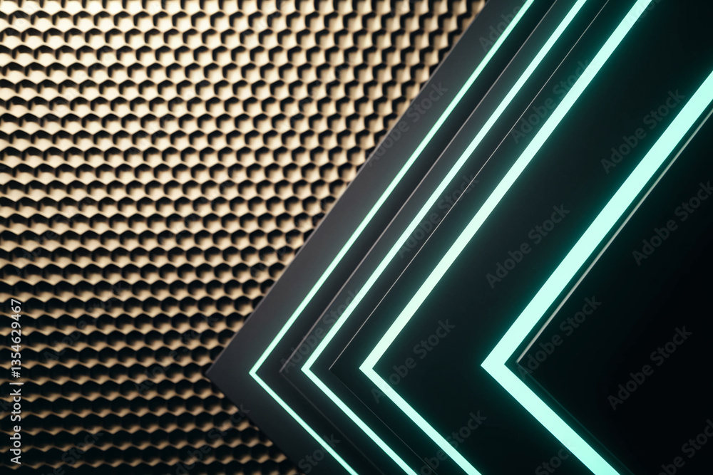 Poster abstract image of geometric shapes with teal neon lines on dark background and honeycomb textured wa