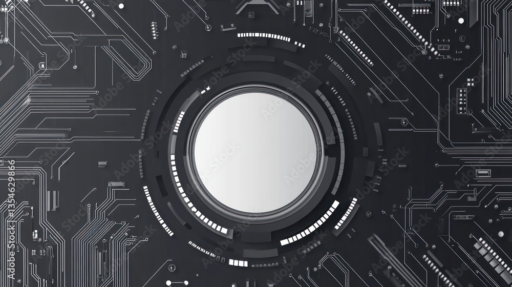 Poster abstract circuit board with blank center circle; graphic design background