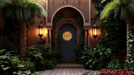 Fototapeta premium Exotic Moroccan architecture with ornate door and lush botanical garden