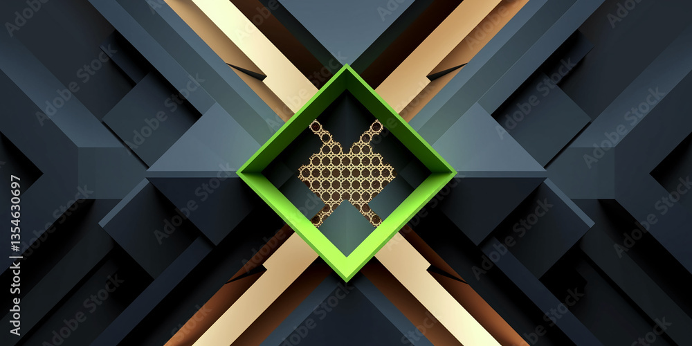 Poster abstract geometric design featuring dark gray, beige and lime green shapes intersecting, with gold p