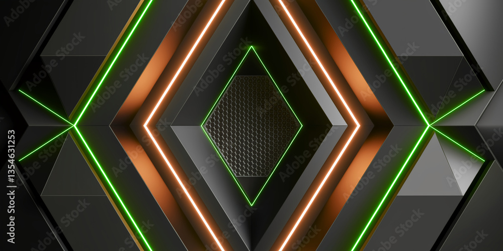 Poster abstract geometric dark background with green and orange neon lines, creating a modern and stylish s