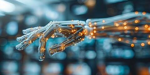 Robotic hand with glowing circuits reaching forward in a futuristic high-tech environment