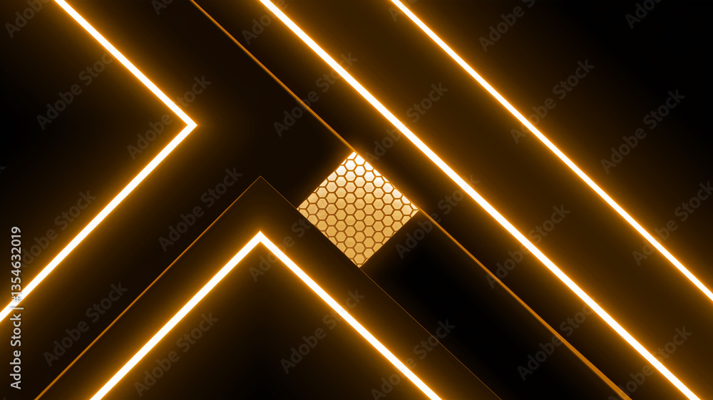 Poster abstract dark background with gold neon lines and geometric shapes, creating a modern and stylish de