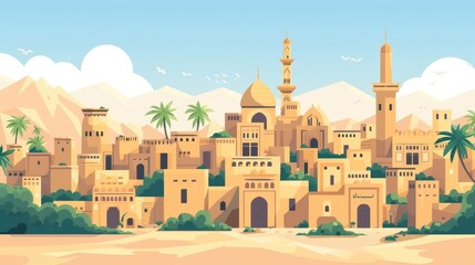 A Desert Cityscape Featuring Traditional Arabian Architecture. Illustration