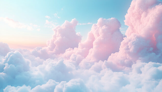 a dreamy pastel sky with clouds, soft pink and blue colors, landscape of rolling hills covered in fluffy white clouds.