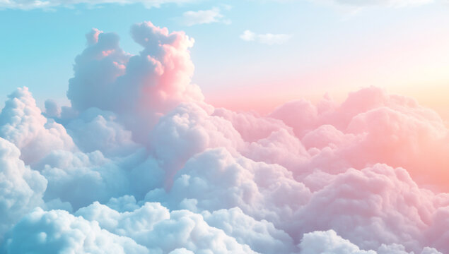 a dreamy pastel sky with clouds, soft pink and blue colors, landscape of rolling hills covered in fluffy white clouds.