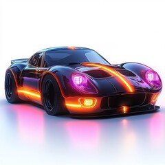 Futuristic Sports Car with Neon Lights and Sleek Design on a Bright Background