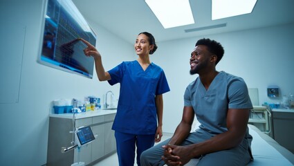 Fototapeta premium A doctor and patient discussing a wellness plan in a modern, sunlit clinic