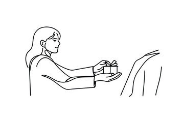 Woman giving a gift, present exchange, line art, simple illustration, black and white, minimalist de