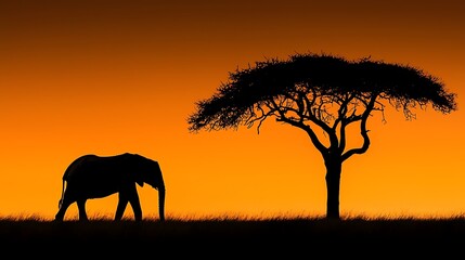 Fototapeta premium Silhouette of elephant and acacia tree at sunrise