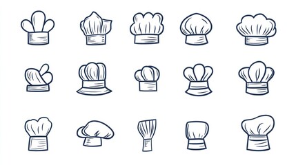 Illustrated collection of various white chef hats, isolated on a white backdrop