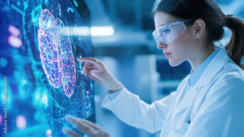 Poster a scientist in a lab coat interacts with a digital brain model on a screen, showcasing advanced rese
