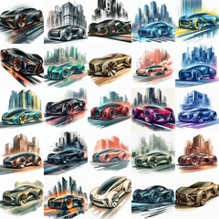 Futuristic concept car. Blending watercolor and bauhaus art. AI generated illustration