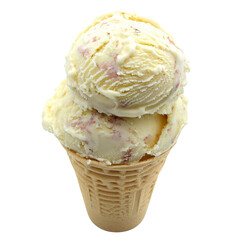 Delicious Double Scoop Vanilla Bean Ice Cream Cone with Strawberry Swirl