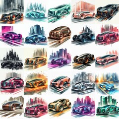 Futuristic concept car. Blending watercolor and bauhaus art. AI generated illustration