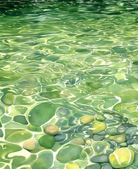Watercolor painting of pebbles and green water with ripples in sunlight