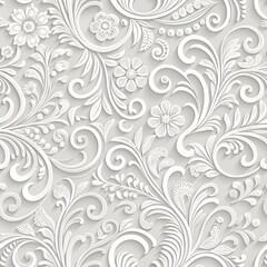 Elegant White Floral Damask Pattern Seamless Wallpaper Design Embossed 3D Flowers