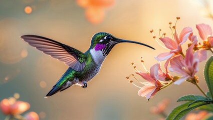 Hummingbird with Long Beak Drinking Nectar, Elegant and Graceful Motion with Soft Warm Tones and Gentle Natural Lighting