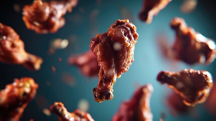 A dynamic arrangement of crispy fried chicken drumsticks appears to float against a deep red background.