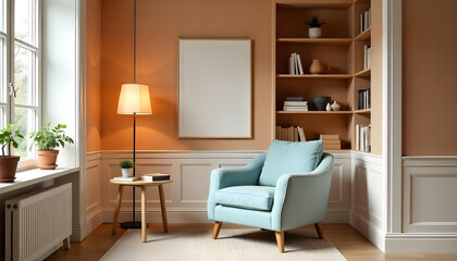 A cozy yet modern minimalist reading nook with a neutral armchair, a small wooden side table, a soft floor lamp, and a built-in bookshelf