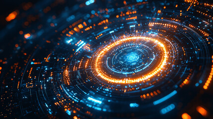 Obraz premium A visually striking circular futuristic tech background featuring glowing blue and orange lights. Generative AI