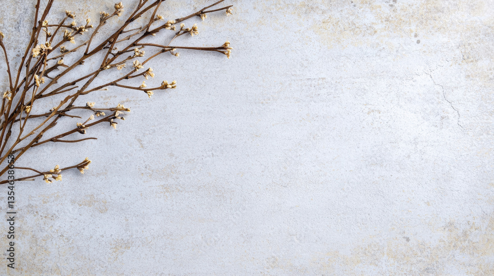 Poster dried branches with small flowers on textured background create serene atmosphere