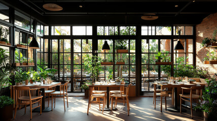 Fototapeta premium modern restaurant interior featuring large windows, wooden furniture, and abundant greenery. space is bright and inviting, perfect for dining and socializing