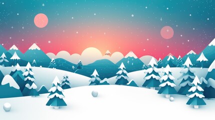 Naklejka premium Winter Wonderland Snowy Mountain Landscape With Pine Trees and a Pinkish Sunset in a Dreamy Landscape.