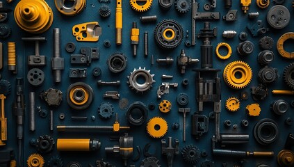 Fototapeta premium Mechanical Parts and Tools Background with Gears, Levers, Bolts, Nuts, Dark Blue and Yellow Accents, Aesthetic Composition for Social Media and Professional Profiles