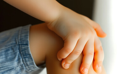 A boy using his right hand holding his injured knee after an accident sitting and waiting for a doctor at the hospital