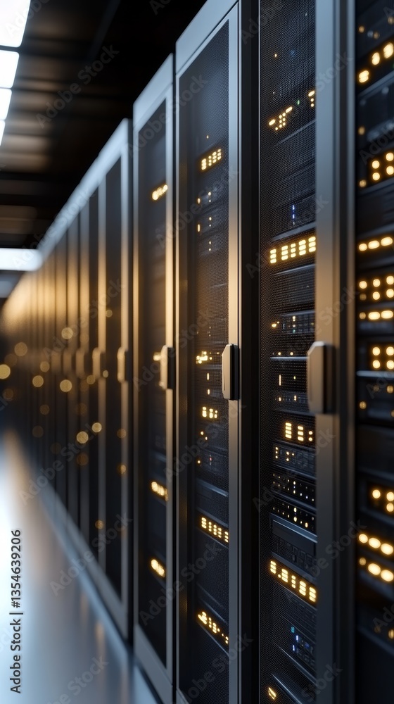 Poster rows of server racks in a modern data center with cybersecurity holographic overlays during daylight