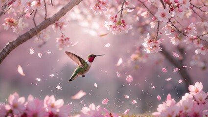 Hummingbird and Cherry Blossoms in Spring, Serene Atmosphere with Soft Pink Petals Falling and Gentle Sunlight 