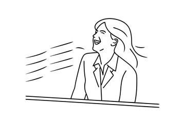 Joyful Businesswoman Laughs Openly, Windswept Hair, Desk, Success, Freedom