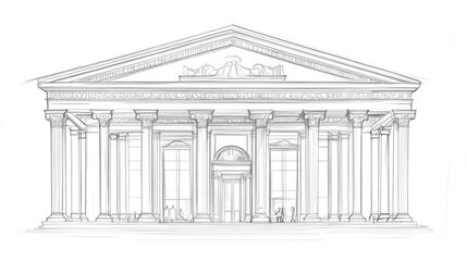 Fototapeta premium Classical building sketch, front view, architectural drawing, detailed facade, illustration, possible use for architectural design