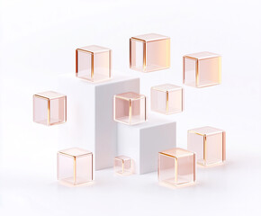 Obraz premium Floating transparent glass cubes with gold accents on minimalist white blocks
