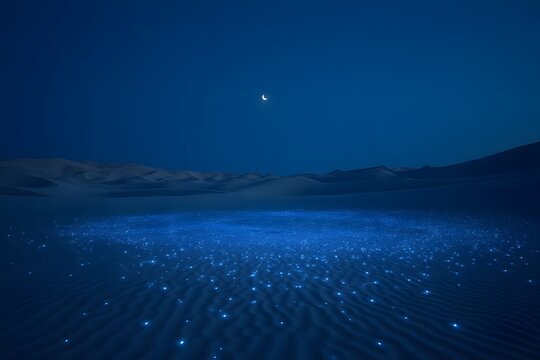 A vast desert with glowing bioluminescent sand under a deep blue twilight sky.  