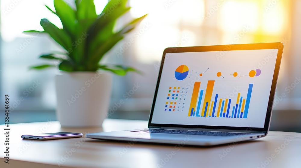 Poster a laptop displaying colorful graphs and charts sits on a desk next to a smartphone and a potted plan