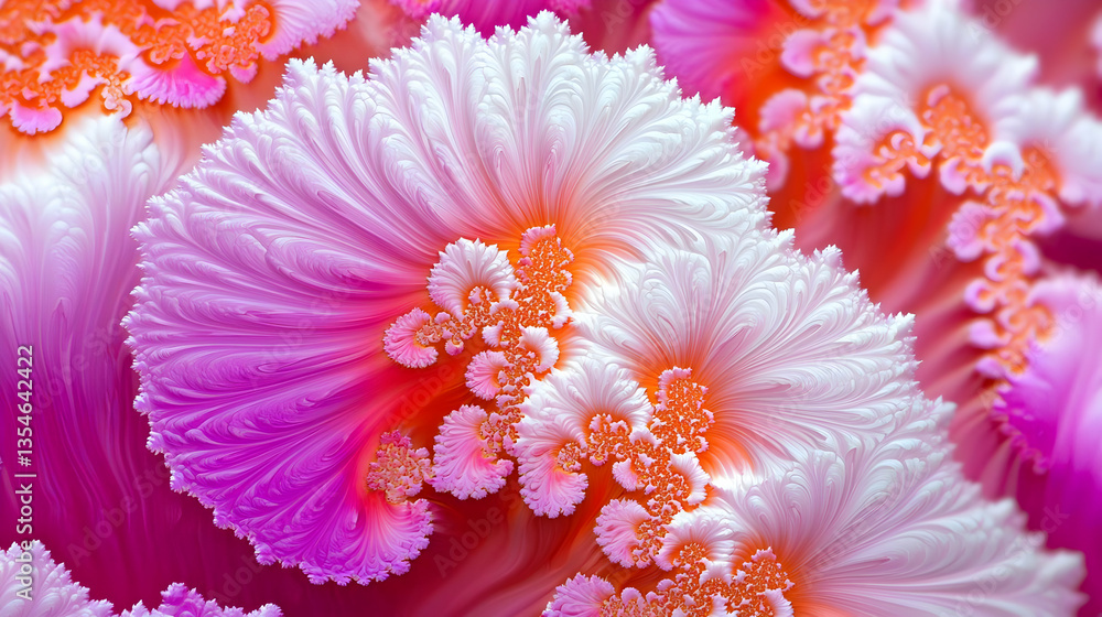 Poster abstract fractal flowers in vibrant pink and orange. delicate, swirling patterns create a mesmerizin