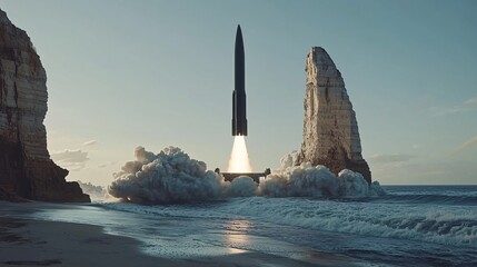 missile launching from a naval platform with ocean waves crashing in the background. hypersonic, missile, naval, launch, ocean, waves, platform, military, weapon, defense, ship, attack, speed, 